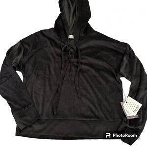 Bear Paw Black Velvet Hoodie Lace Up Crop Sweater Size Large